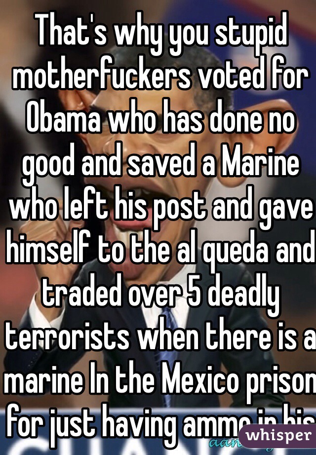 That's why you stupid motherfuckers voted for Obama who has done no good and saved a Marine who left his post and gave himself to the al queda and traded over 5 deadly terrorists when there is a marine In the Mexico prison for just having ammo in his car!