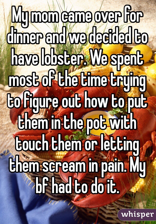 My mom came over for dinner and we decided to have lobster. We spent most of the time trying to figure out how to put them in the pot with touch them or letting them scream in pain. My bf had to do it.