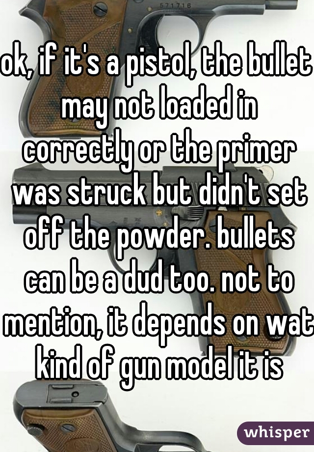 ok, if it's a pistol, the bullet may not loaded in correctly or the primer was struck but didn't set off the powder. bullets can be a dud too. not to mention, it depends on wat kind of gun model it is