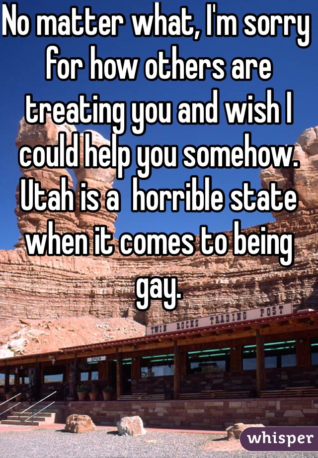 No matter what, I'm sorry for how others are treating you and wish I could help you somehow. Utah is a  horrible state when it comes to being gay. 