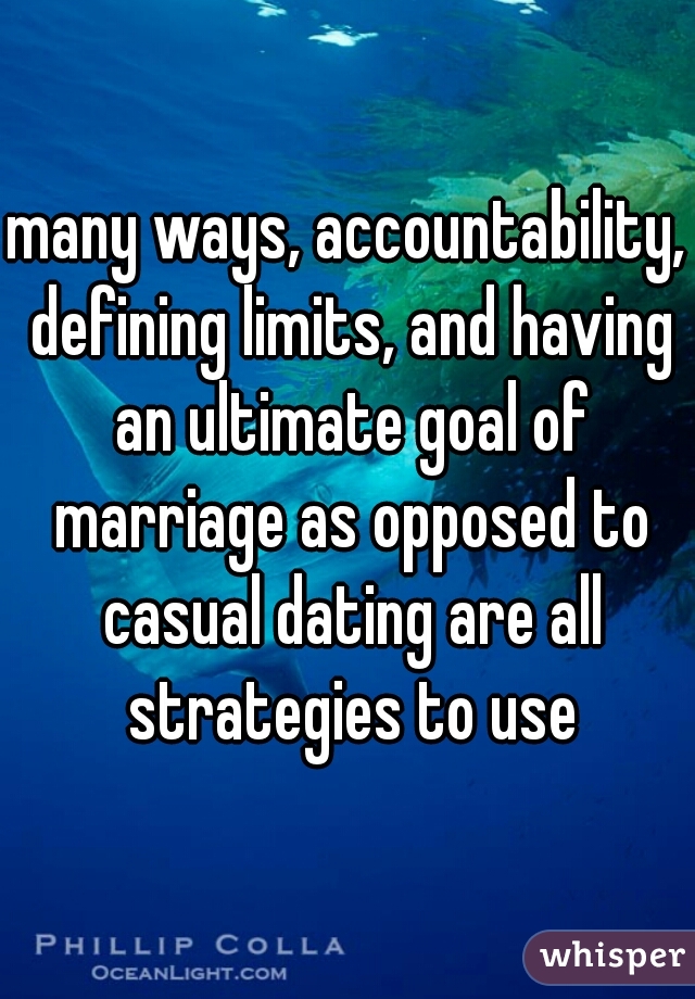 many ways, accountability, defining limits, and having an ultimate goal of marriage as opposed to casual dating are all strategies to use