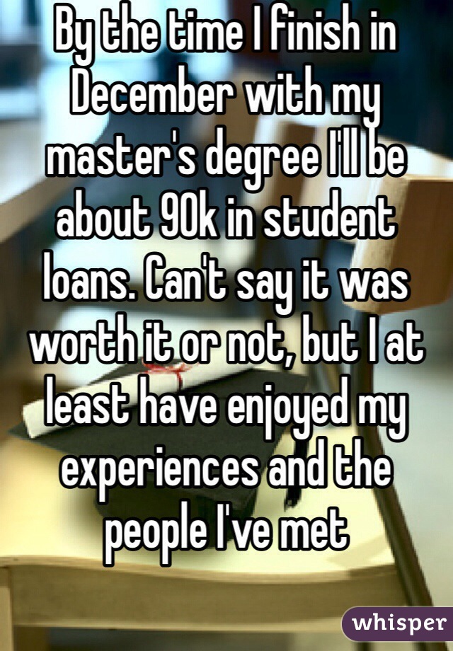 By the time I finish in December with my master's degree I'll be about 90k in student loans. Can't say it was worth it or not, but I at least have enjoyed my experiences and the people I've met