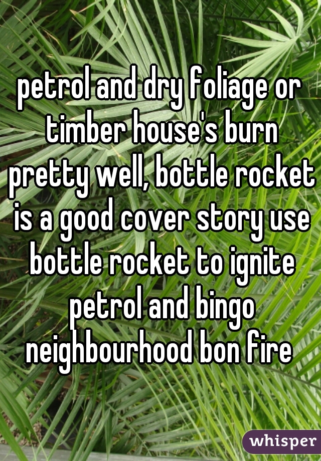 petrol and dry foliage or timber house's burn pretty well, bottle rocket is a good cover story use bottle rocket to ignite petrol and bingo neighbourhood bon fire 