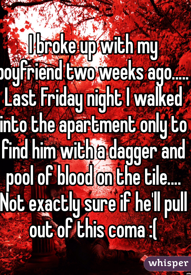 I broke up with my boyfriend two weeks ago..... Last Friday night I walked into the apartment only to find him with a dagger and pool of blood on the tile.... Not exactly sure if he'll pull out of this coma :(