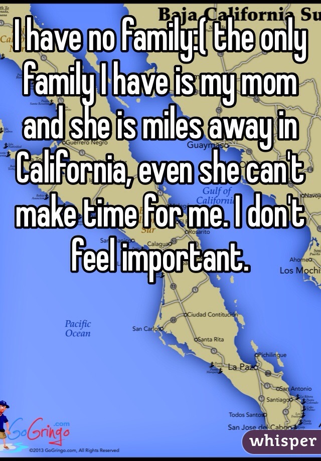 I have no family:( the only family I have is my mom and she is miles away in California, even she can't make time for me. I don't feel important. 