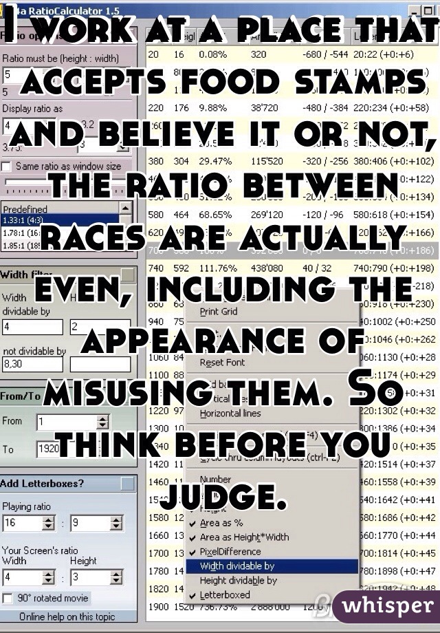 I work at a place that accepts food stamps and believe it or not, the ratio between races are actually even, including the appearance of misusing them. So think before you judge. 