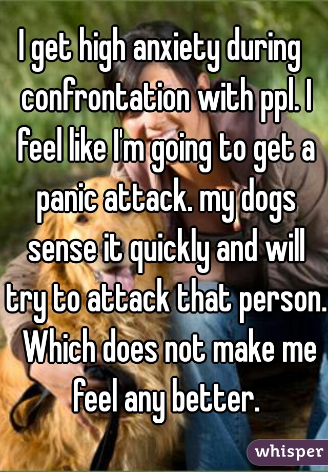 I get high anxiety during  confrontation with ppl. I feel like I'm going to get a panic attack. my dogs sense it quickly and will try to attack that person.  Which does not make me feel any better.