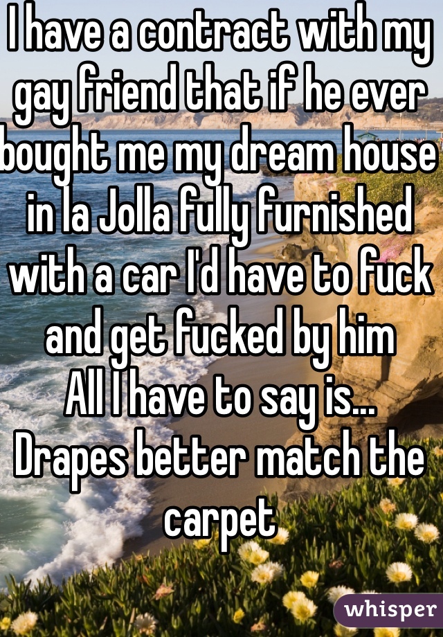 I have a contract with my gay friend that if he ever bought me my dream house in la Jolla fully furnished with a car I'd have to fuck and get fucked by him
All I have to say is...
Drapes better match the carpet