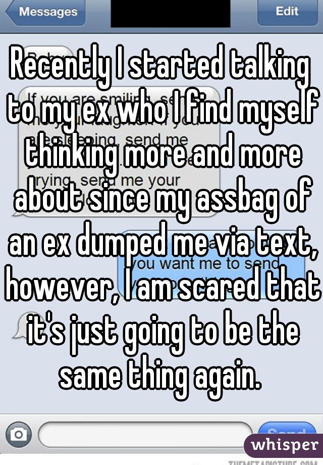 Recently I started talking to my ex who I find myself thinking more and more about since my assbag of an ex dumped me via text, however, I am scared that it's just going to be the same thing again. 