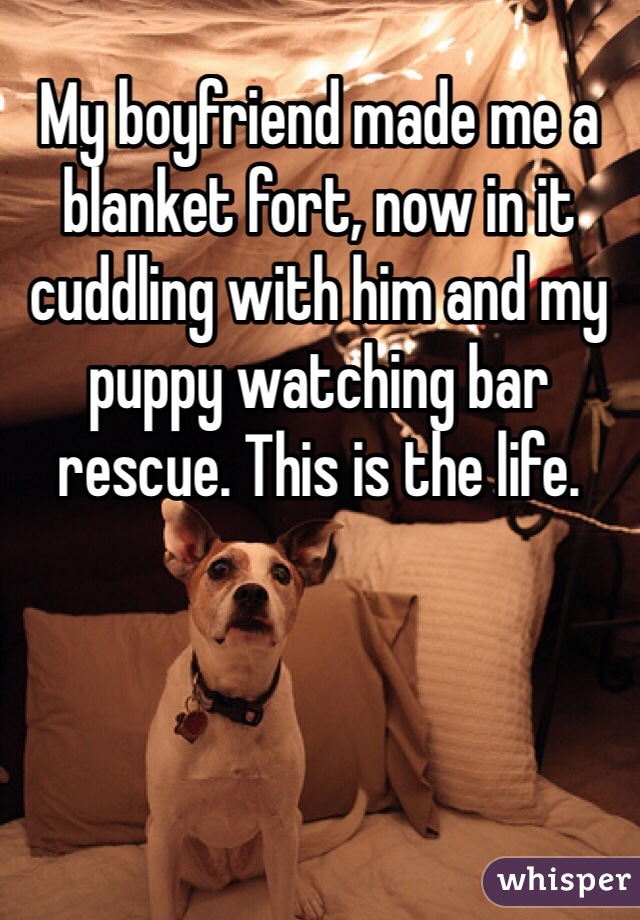 My boyfriend made me a blanket fort, now in it cuddling with him and my puppy watching bar rescue. This is the life. 
