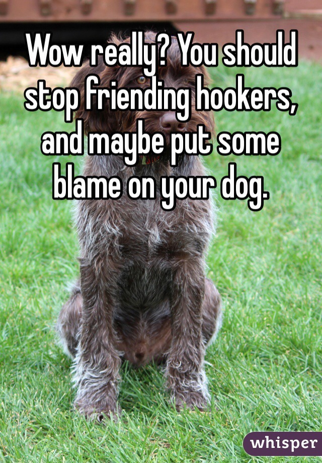 Wow really? You should stop friending hookers, and maybe put some blame on your dog.