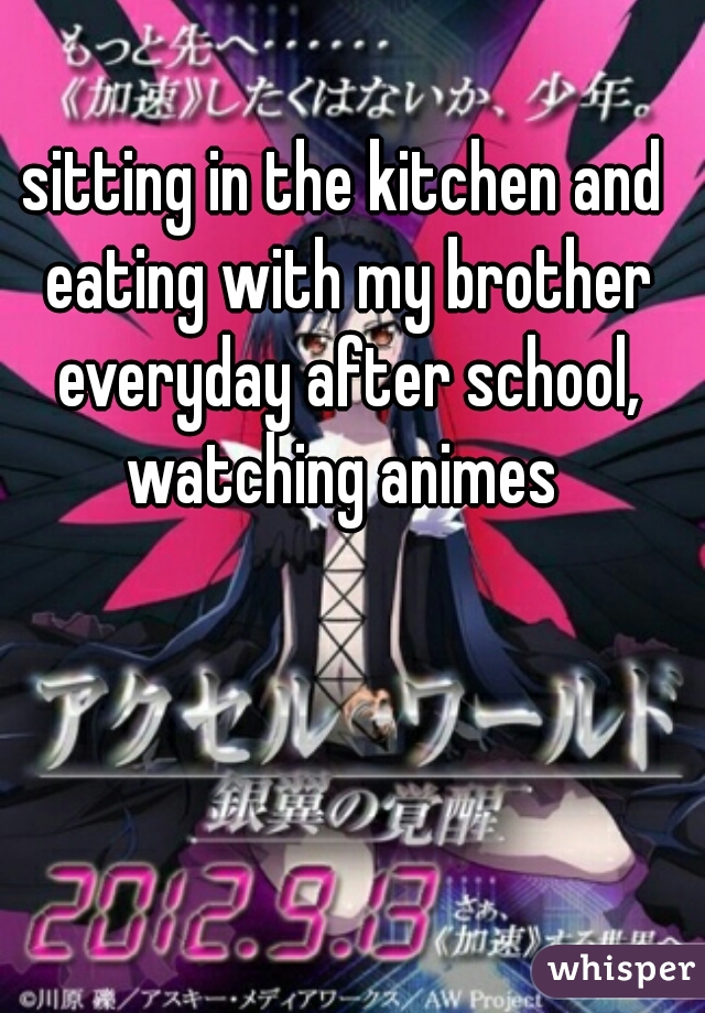 sitting in the kitchen and eating with my brother everyday after school, watching animes 