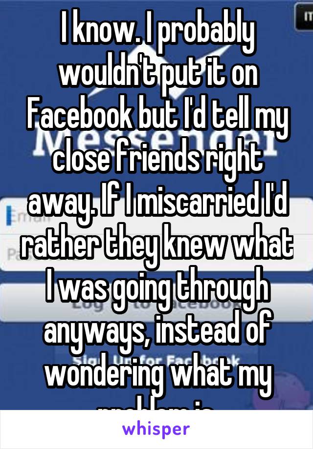 I know. I probably wouldn't put it on Facebook but I'd tell my close friends right away. If I miscarried I'd rather they knew what I was going through anyways, instead of wondering what my problem is.