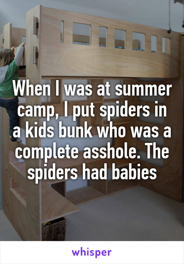 When I was at summer camp, I put spiders in a kids bunk who was a complete asshole. The spiders had babies