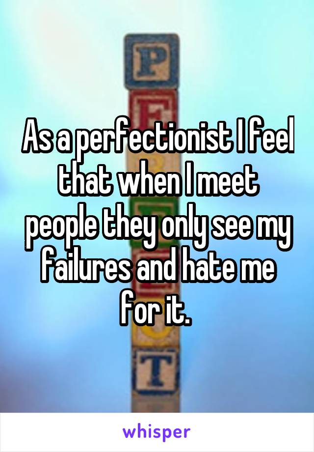 As a perfectionist I feel that when I meet people they only see my failures and hate me for it. 