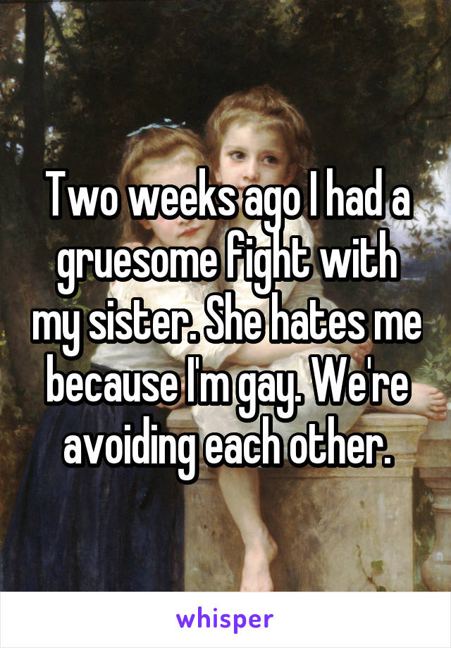 Two weeks ago I had a gruesome fight with my sister. She hates me because I'm gay. We're avoiding each other.
