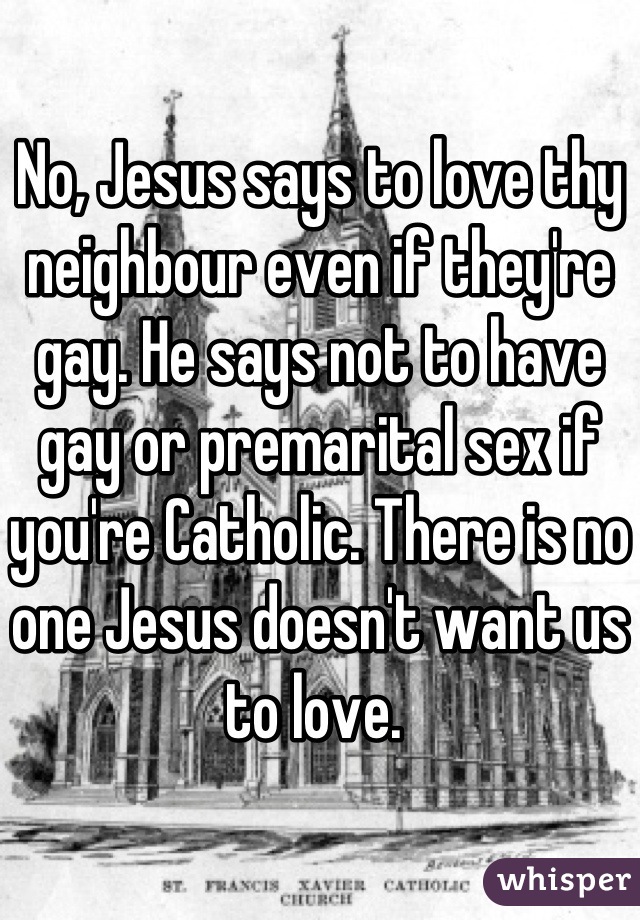 No, Jesus says to love thy neighbour even if they're gay. He says not to have gay or premarital sex if you're Catholic. There is no one Jesus doesn't want us to love. 