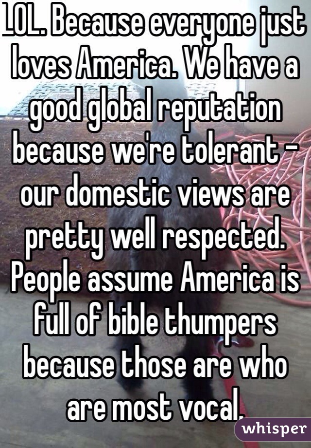 LOL. Because everyone just loves America. We have a good global reputation because we're tolerant - our domestic views are pretty well respected. People assume America is full of bible thumpers because those are who are most vocal.