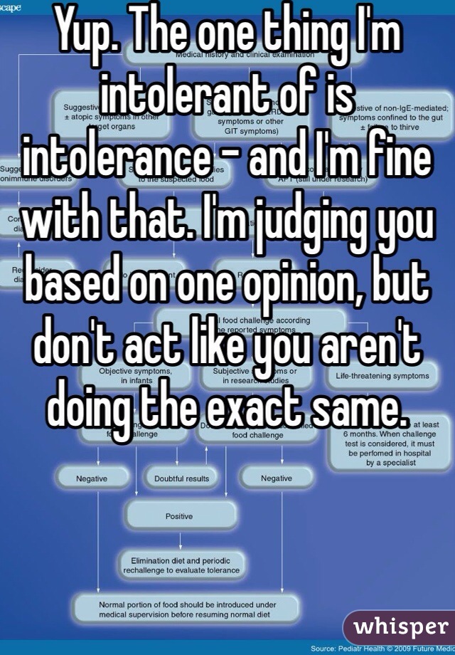 Yup. The one thing I'm intolerant of is intolerance - and I'm fine with that. I'm judging you based on one opinion, but don't act like you aren't doing the exact same. 