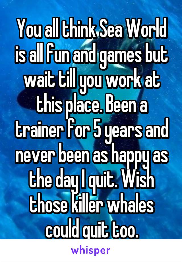 You all think Sea World is all fun and games but wait till you work at this place. Been a trainer for 5 years and never been as happy as the day I quit. Wish those killer whales could quit too.