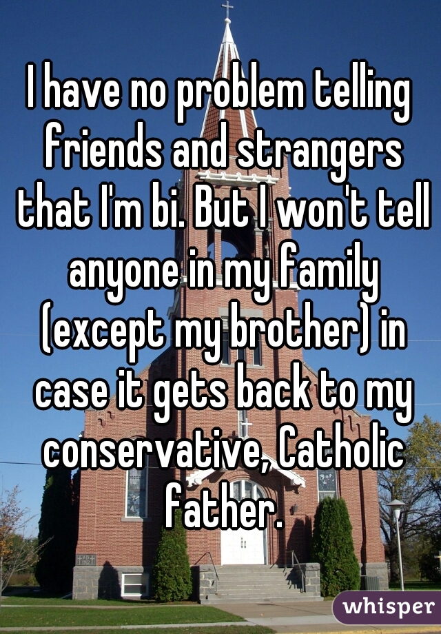 I have no problem telling friends and strangers that I'm bi. But I won't tell anyone in my family (except my brother) in case it gets back to my conservative, Catholic father.