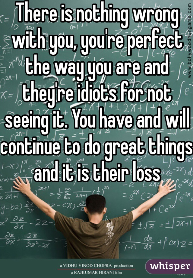 There is nothing wrong with you, you're perfect the way you are and they're idiots for not seeing it. You have and will continue to do great things and it is their loss