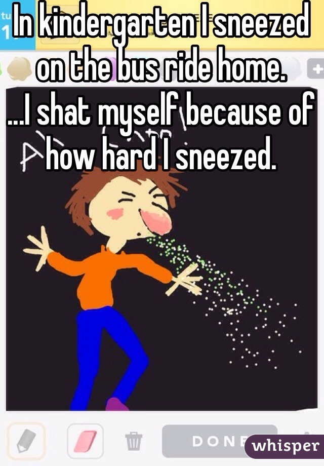 In kindergarten I sneezed on the bus ride home.
...I shat myself because of how hard I sneezed. 