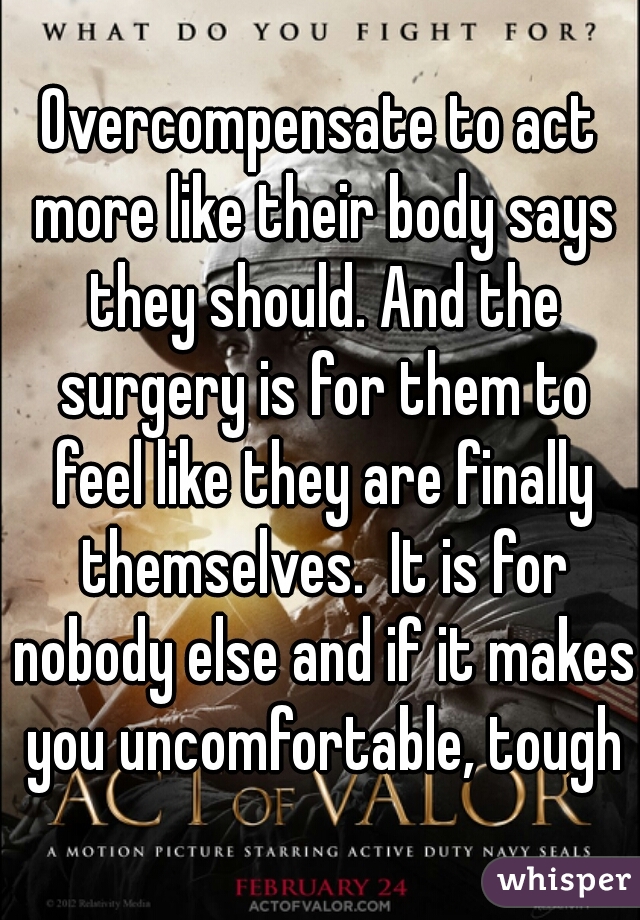 Overcompensate to act more like their body says they should. And the surgery is for them to feel like they are finally themselves.  It is for nobody else and if it makes you uncomfortable, tough