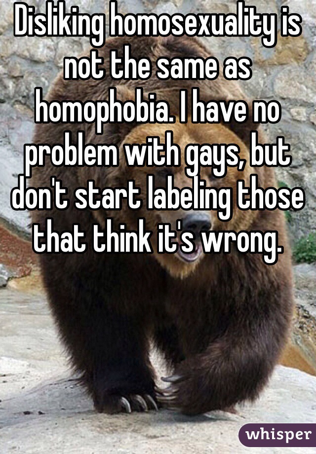 Disliking homosexuality is not the same as homophobia. I have no problem with gays, but don't start labeling those that think it's wrong.