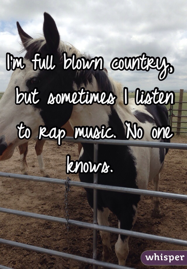 I'm full blown country,
 but sometimes I listen
 to rap music. No one 
knows. 
