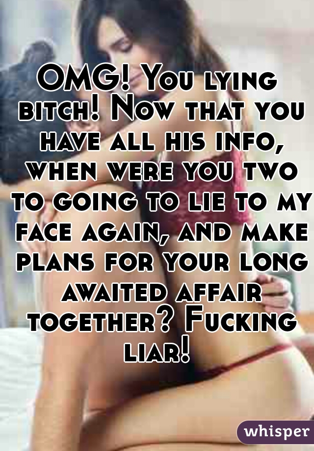 OMG! You lying bitch! Now that you have all his info, when were you two to going to lie to my face again, and make plans for your long awaited affair together? Fucking liar! 