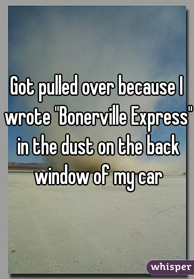 Got pulled over because I wrote "Bonerville Express" in the dust on the back window of my car