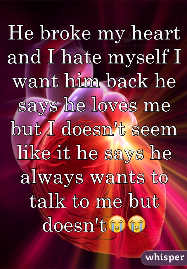 He broke my heart and I hate myself I want him back he says he loves me but I doesn't seem like it he says he always wants to talk to me but doesn't😭😭