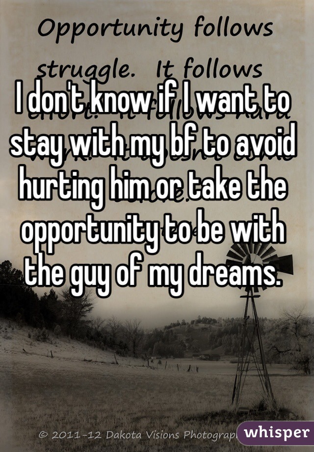 I don't know if I want to stay with my bf to avoid hurting him or take the opportunity to be with the guy of my dreams. 