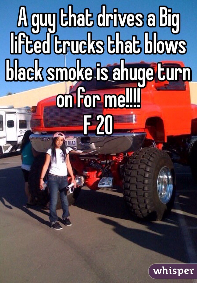 A guy that drives a Big lifted trucks that blows black smoke is ahuge turn on for me!!!!
F 20