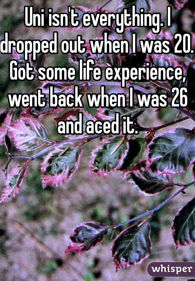 Uni isn't everything. I dropped out when I was 20. Got some life experience, went back when I was 26 and aced it. 