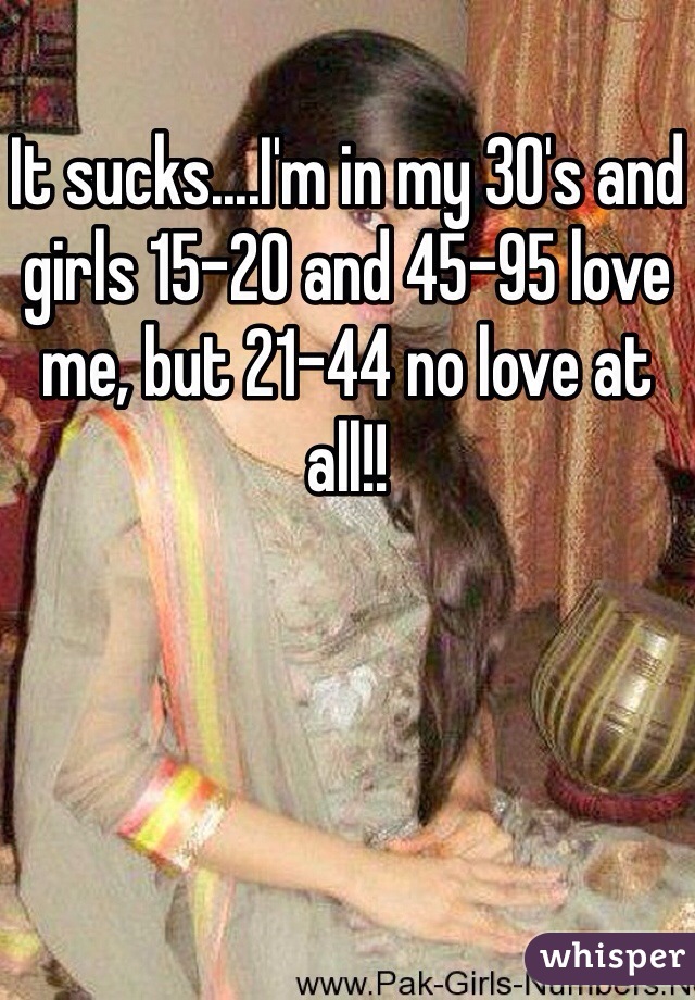 It sucks....I'm in my 30's and girls 15-20 and 45-95 love me, but 21-44 no love at all!! 