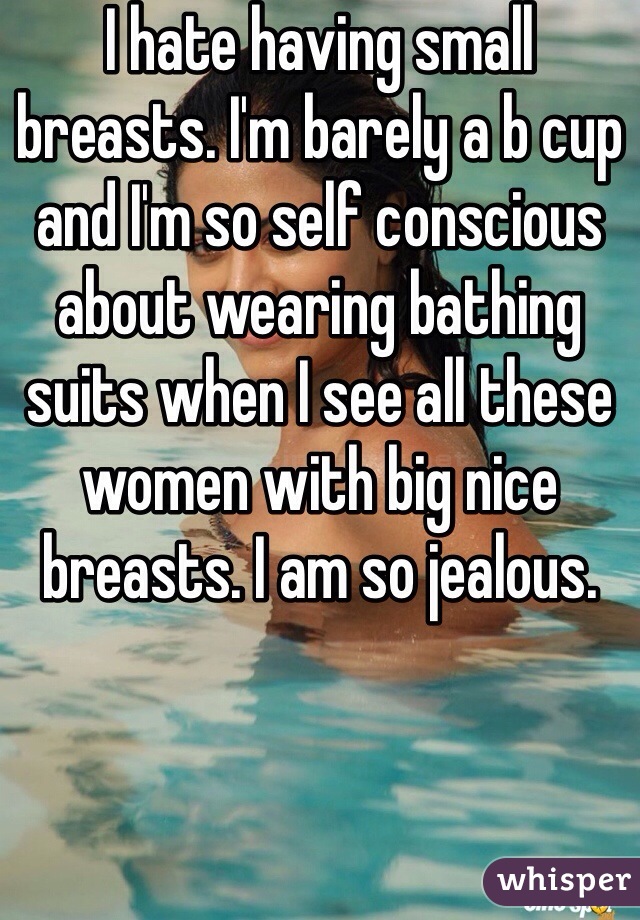 I hate having small breasts. I'm barely a b cup and I'm so self conscious about wearing bathing suits when I see all these women with big nice breasts. I am so jealous. 