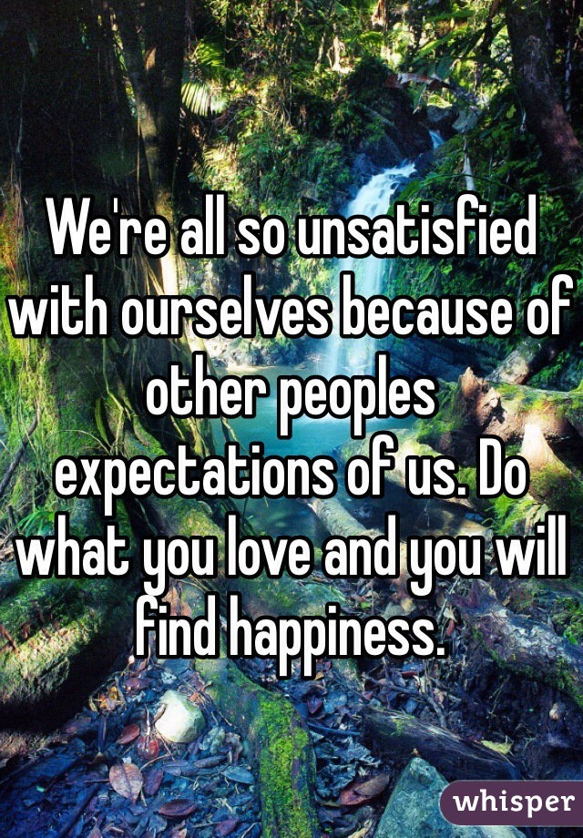 We're all so unsatisfied with ourselves because of other peoples expectations of us. Do what you love and you will find happiness.