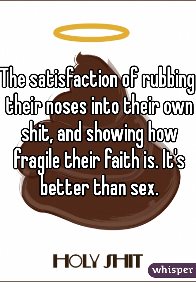 The satisfaction of rubbing their noses into their own shit, and showing how fragile their faith is. It's better than sex.