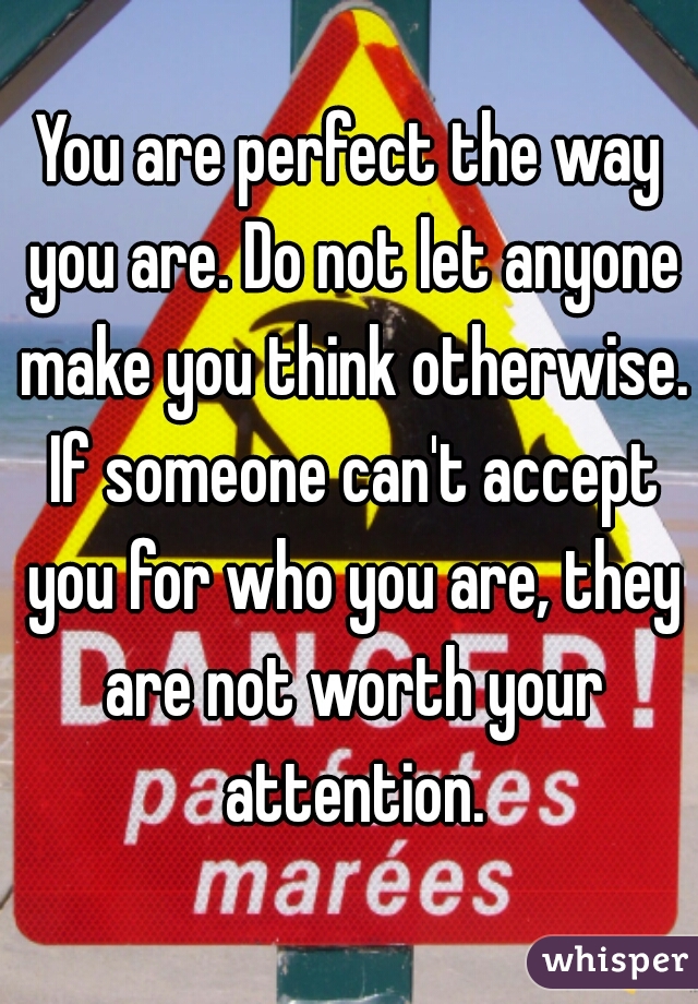 You are perfect the way you are. Do not let anyone make you think otherwise. If someone can't accept you for who you are, they are not worth your attention.