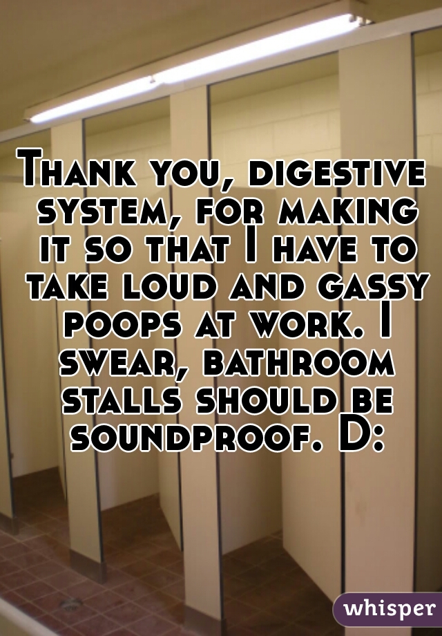 Thank you, digestive system, for making it so that I have to take loud and gassy poops at work. I swear, bathroom stalls should be soundproof. D: