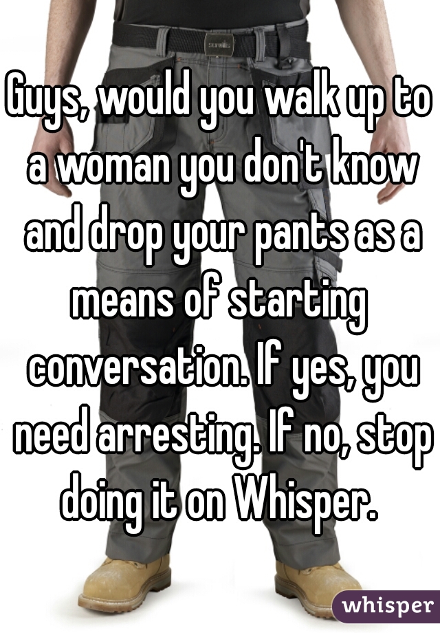 Guys, would you walk up to a woman you don't know and drop your pants as a means of starting  conversation. If yes, you need arresting. If no, stop doing it on Whisper. 