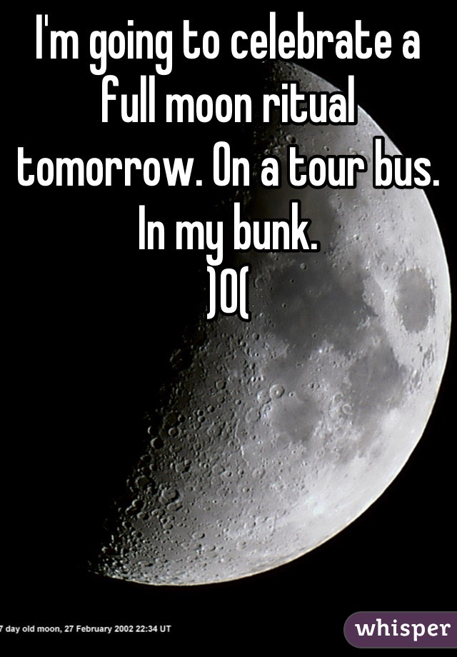 I'm going to celebrate a full moon ritual tomorrow. On a tour bus. In my bunk. 
)O(