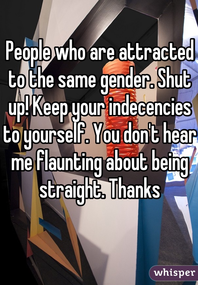 People who are attracted to the same gender. Shut up! Keep your indecencies to yourself. You don't hear me flaunting about being straight. Thanks