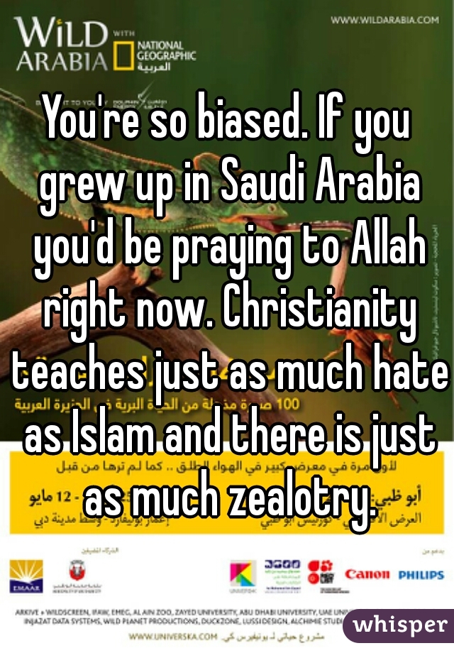 You're so biased. If you grew up in Saudi Arabia you'd be praying to Allah right now. Christianity teaches just as much hate as Islam and there is just as much zealotry.