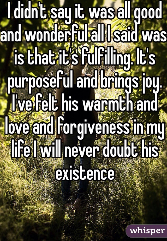 I didn't say it was all good and wonderful all I said was is that it's fulfilling. It's purposeful and brings joy. I've felt his warmth and love and forgiveness in my life I will never doubt his existence 