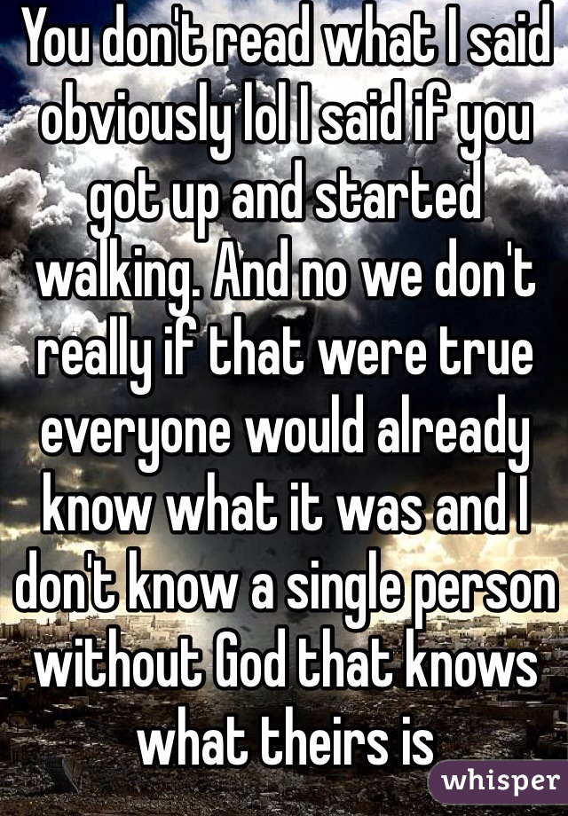 You don't read what I said obviously lol I said if you got up and started walking. And no we don't really if that were true everyone would already know what it was and I don't know a single person without God that knows what theirs is 