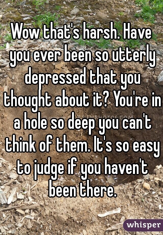 Wow that's harsh. Have you ever been so utterly depressed that you thought about it? You're in a hole so deep you can't think of them. It's so easy to judge if you haven't been there.
