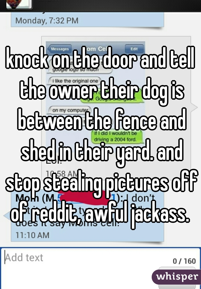 knock on the door and tell the owner their dog is between the fence and shed in their yard. and stop stealing pictures off of reddit, awful jackass. 